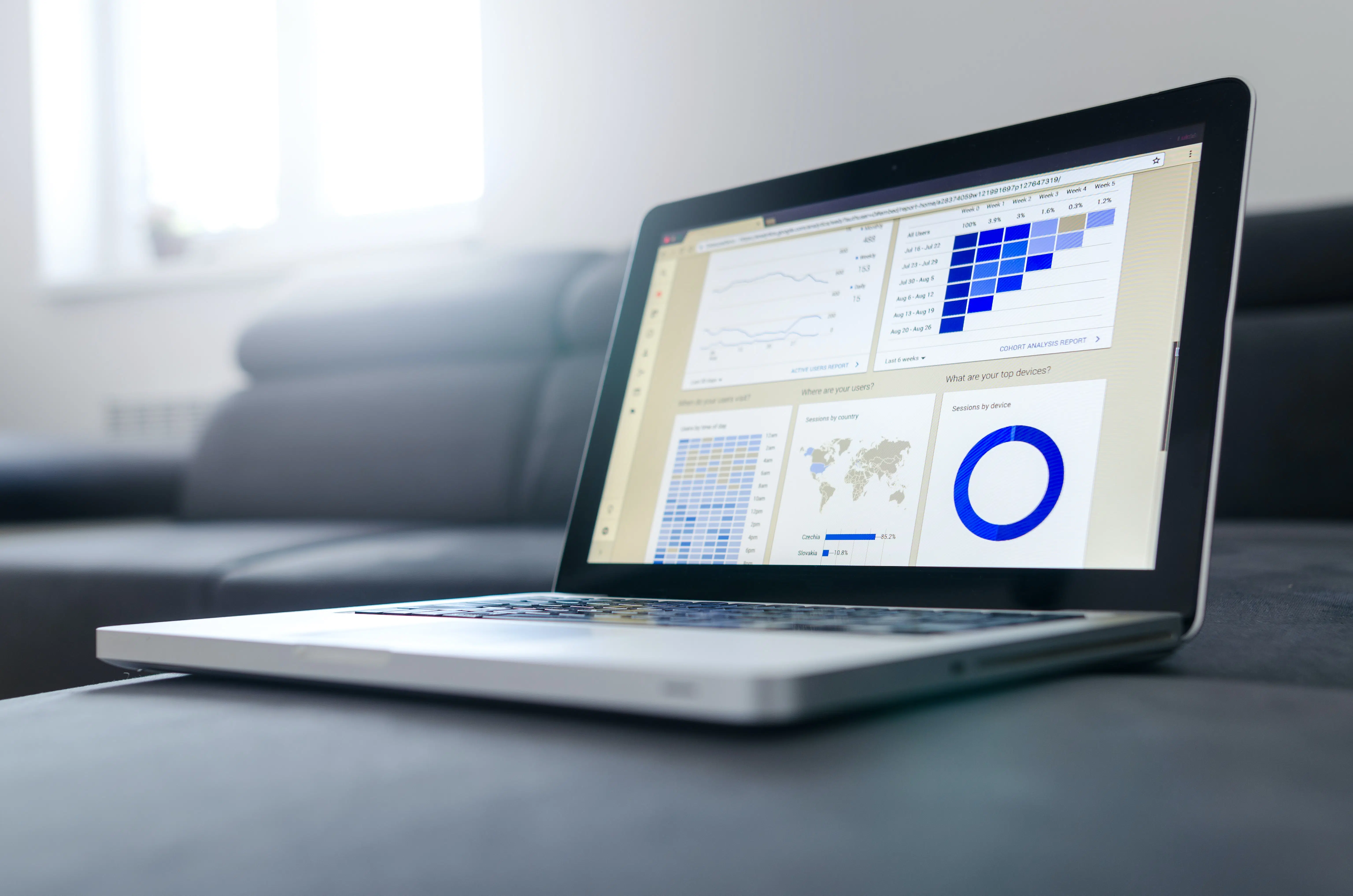 Open laptop with an analytical report on screen.