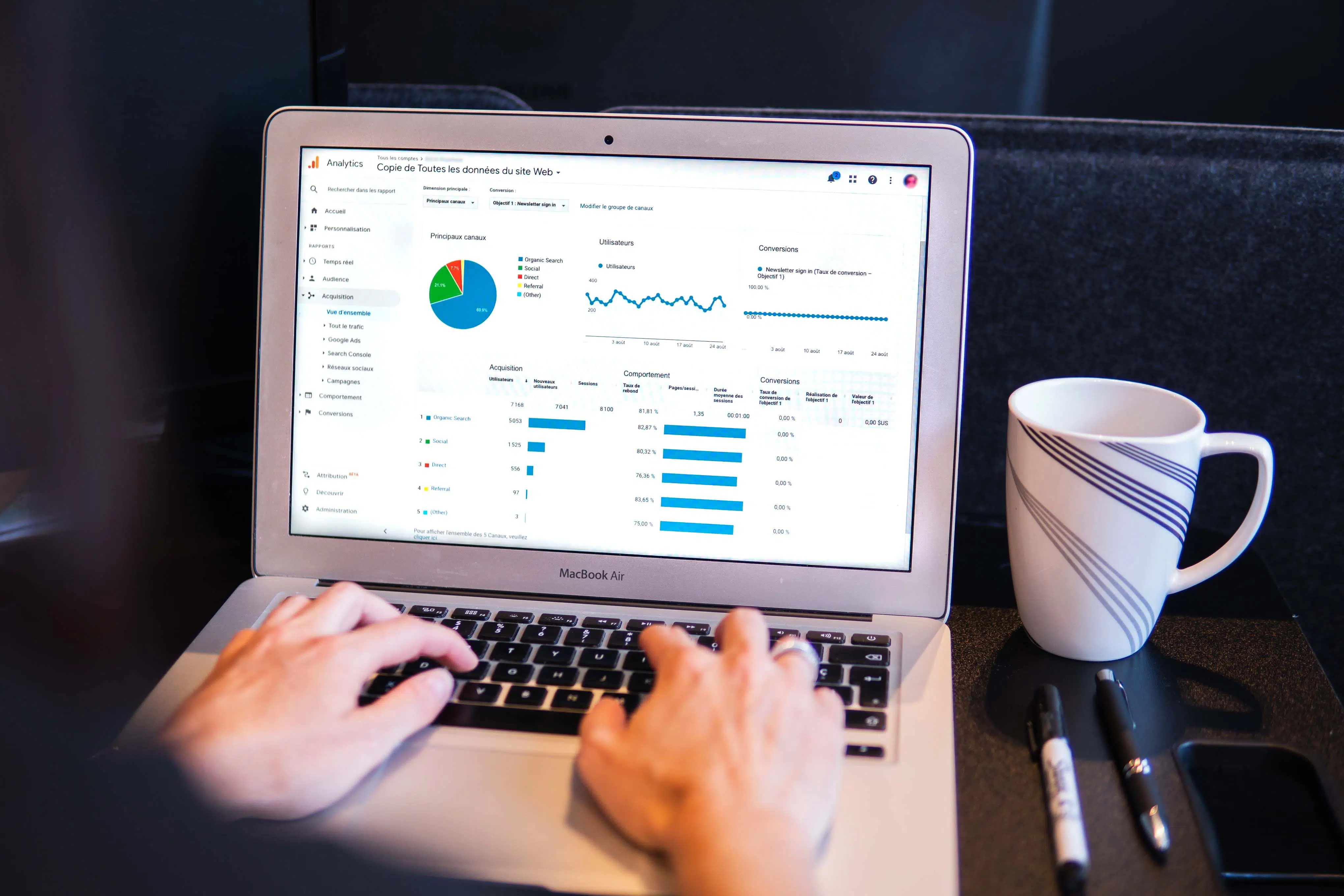 White hands write on a laptop that is opened at Google Analytics dashboard.